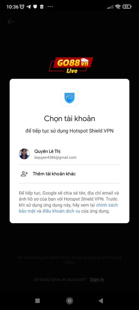 Chọn tài khoản Google để đăng nhập vào Hotspot Shield VPN Proxy
