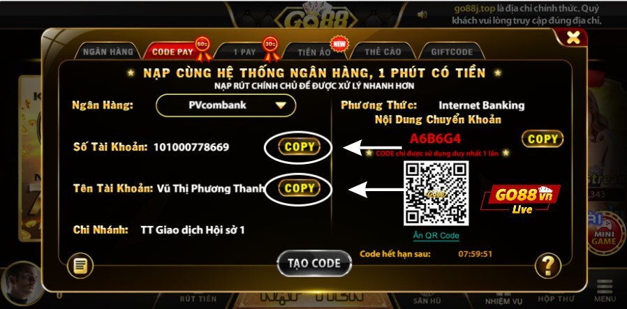 Copy và thực hiện chuyển tiền đến tài khoản Vietinbank của cổng game Go88