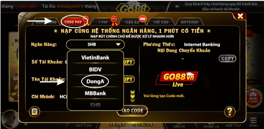 Nhấn chọn ngân hàng Dong A để lấy các thông tin từ cổng game đưa ra