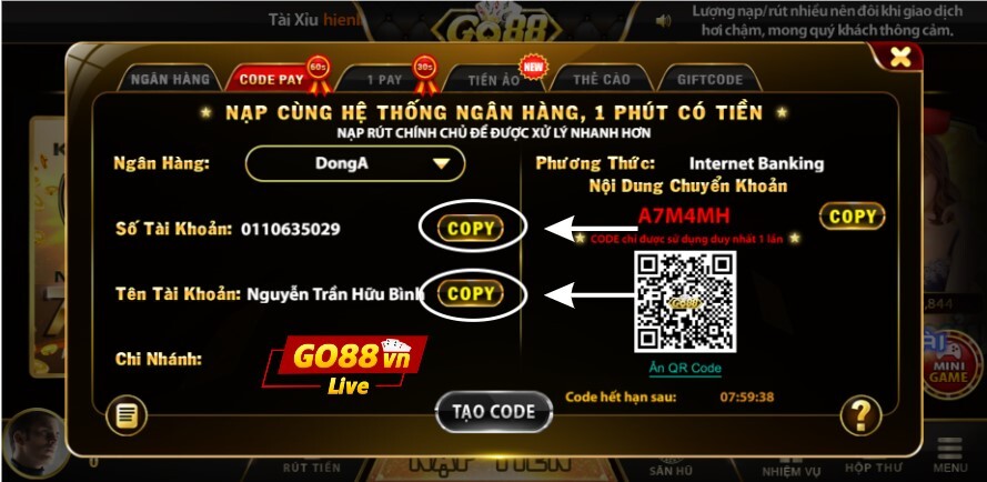 Sao chép và chuyển tiền đến tài khoản Dong A của cổng game Go88