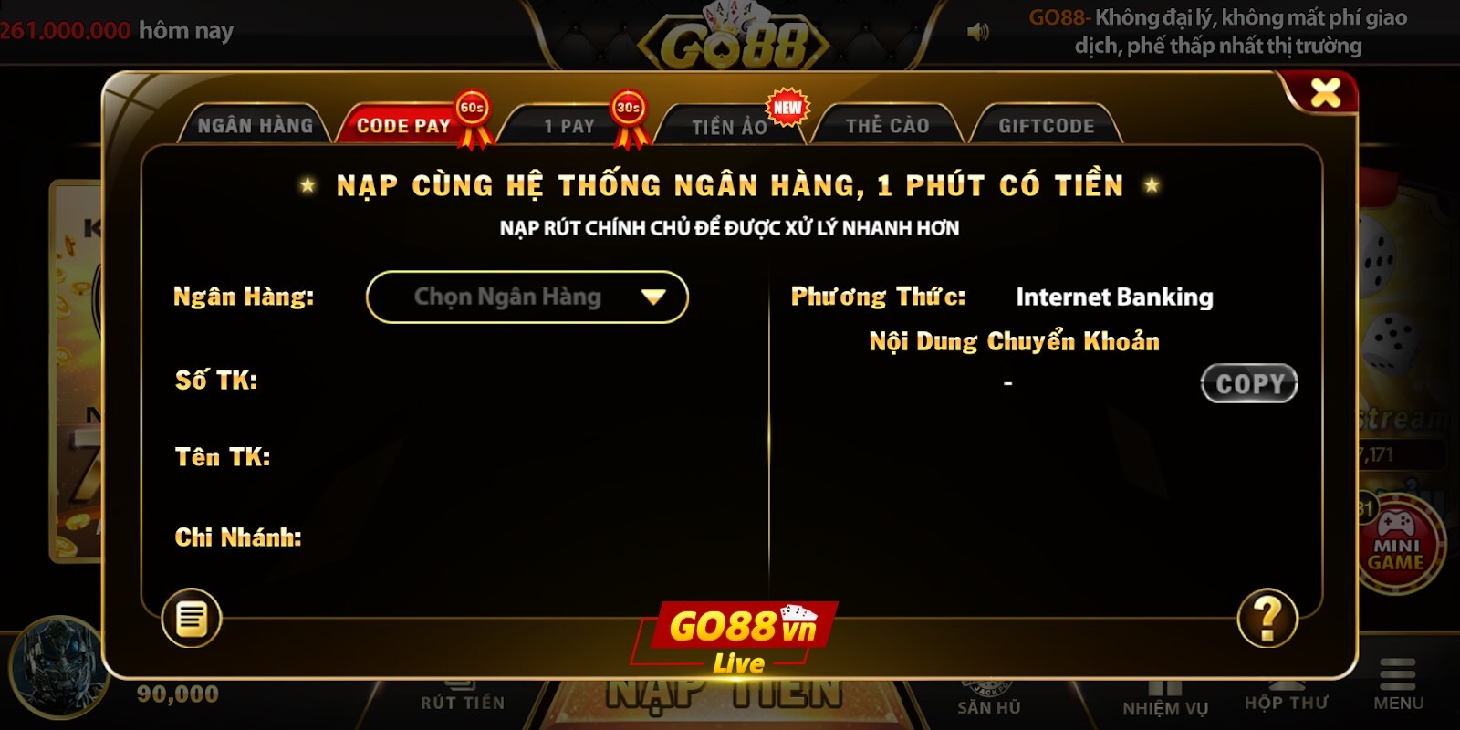 Giao diện nạp tiền tại website Go88 Real